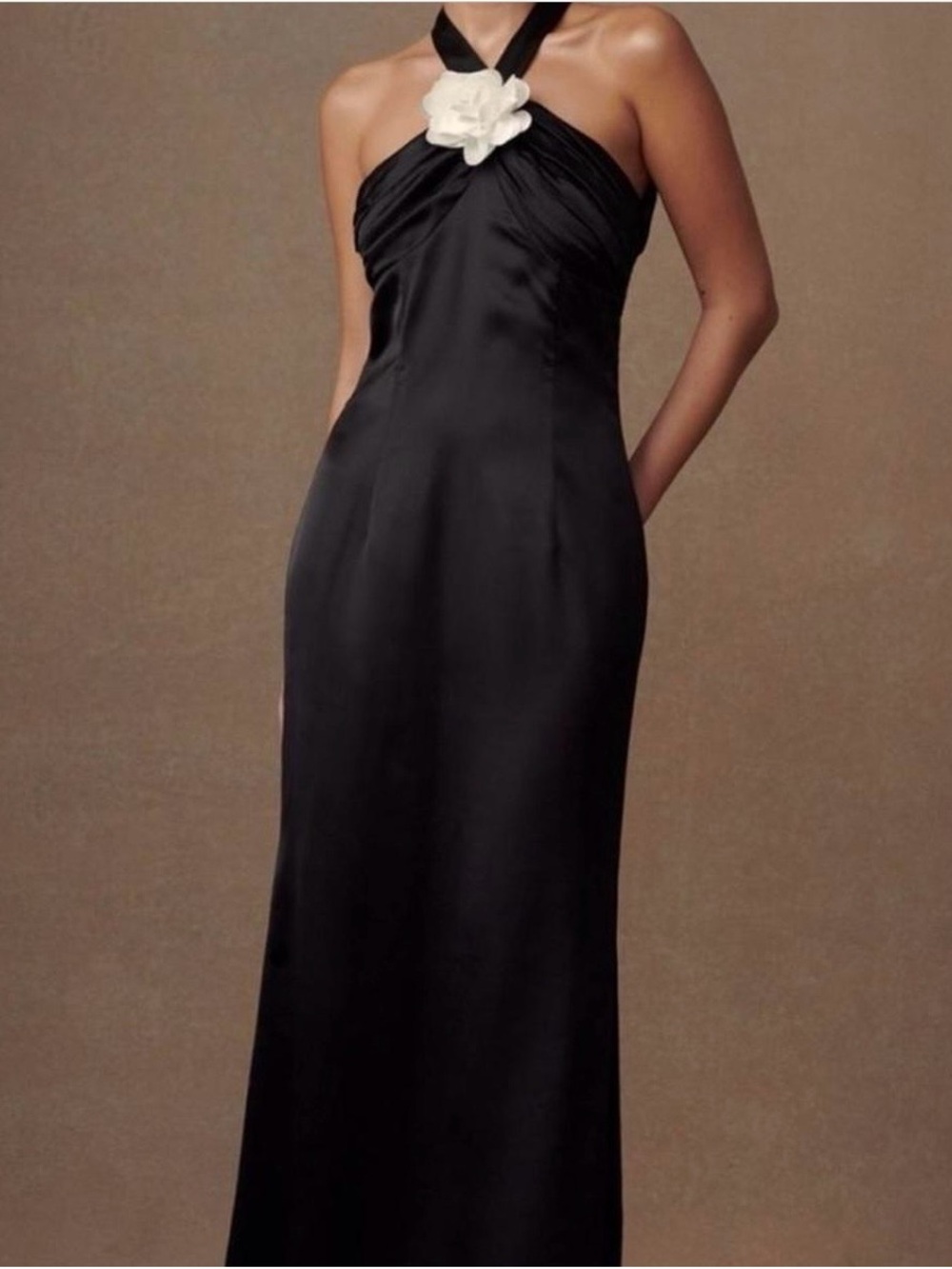 Meshki Elegant Black Halter Evening Dress with White Floral Accent